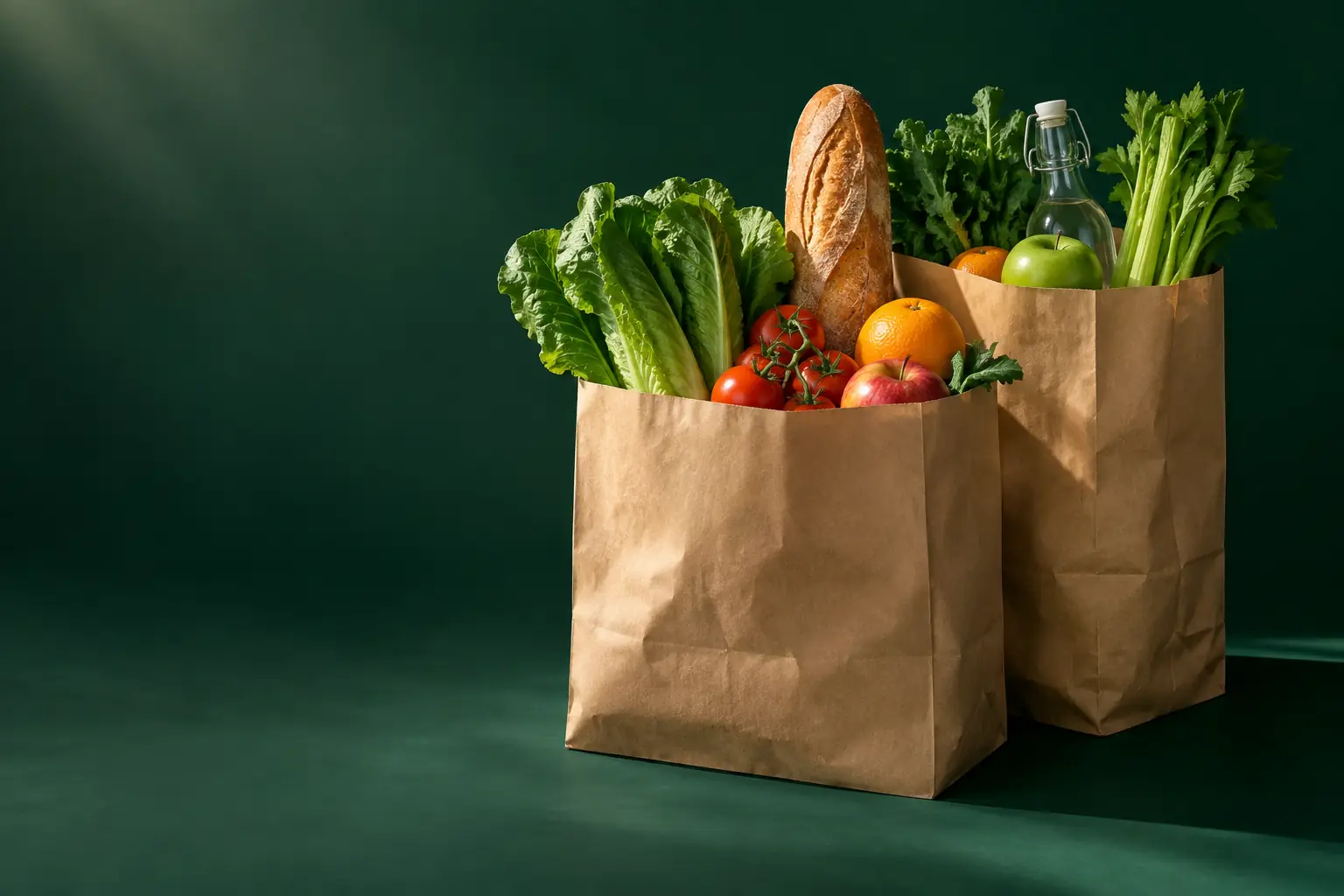 Two full grocery bags with fresh fruit, vegetables, and bread